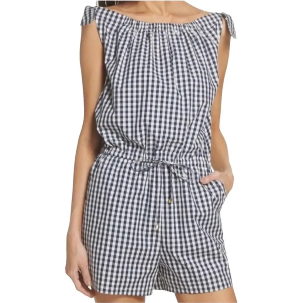 Tory Burch Navy White Gingham Tie Strap Cotton Romper NWT L